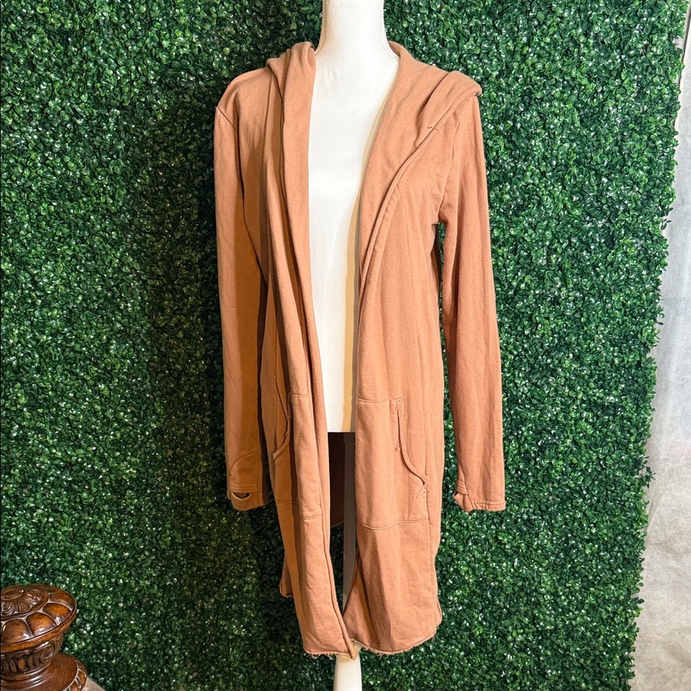Long Hooded Open Cardigan - Rust
